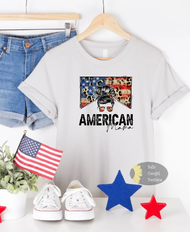 American Mama Messy Bun American Flag Leopard Patriotic T-Shirt