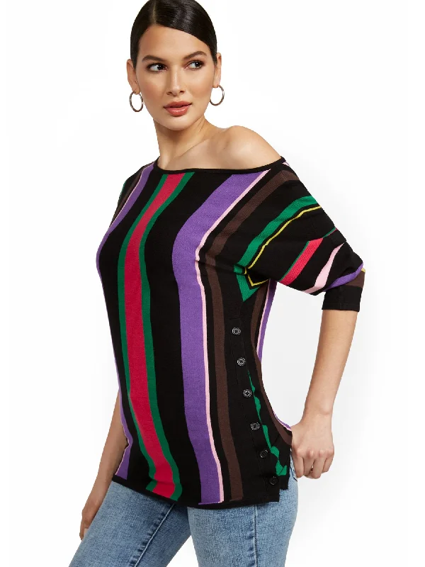 Multi-Stripe Side-Button Tunic Sweater