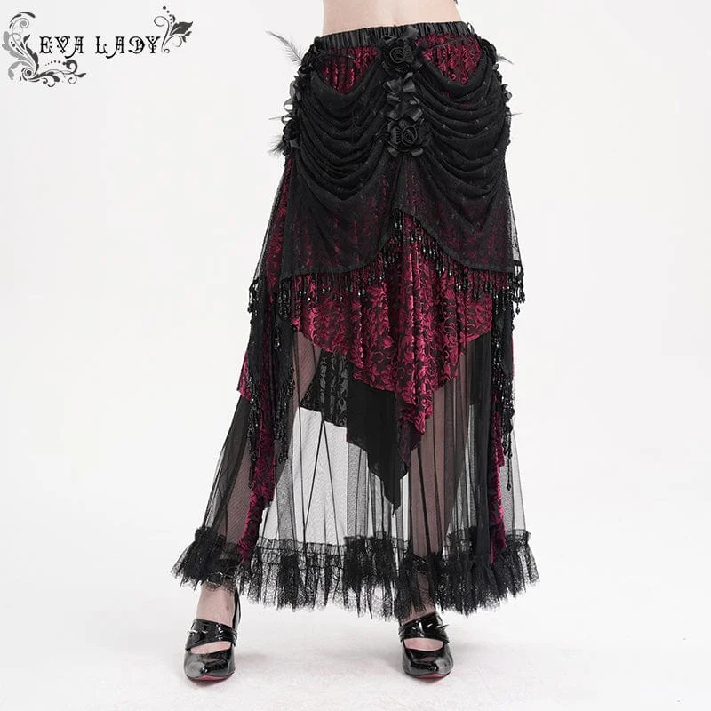 Women's Gothic Tassels Mesh Long Skirt Black Purple