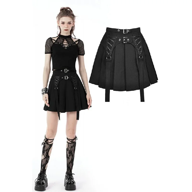 Women's Punk Double Buckles Pleated Skirt