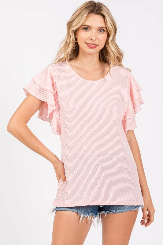 Light Pink Ruffle Sleeve Ribbed Top