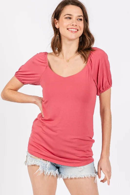 Magenta Short Puff Sleeve V-Neck Top