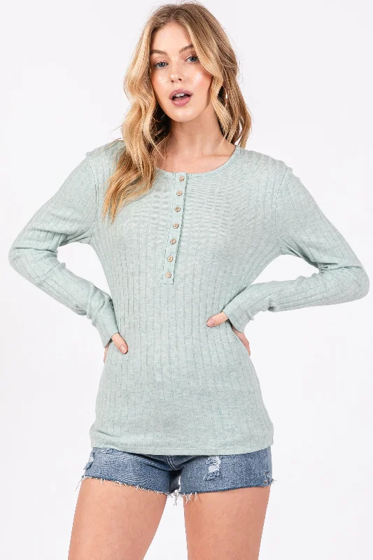 Mint Green Ribbed Knit Button Long Sleeve Top