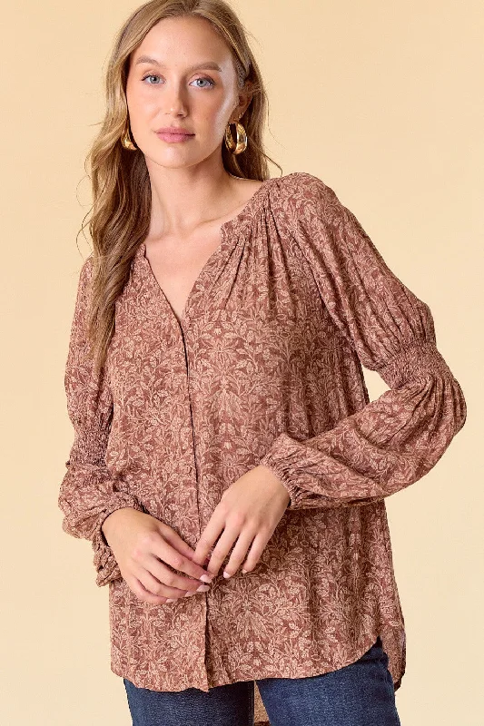 Pale Mocha Smocked Sleeve Hi-Low Blouse