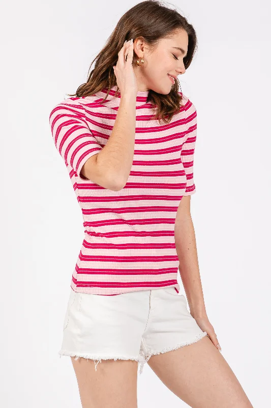 Pink Striped Ribbed Mock Neck Top