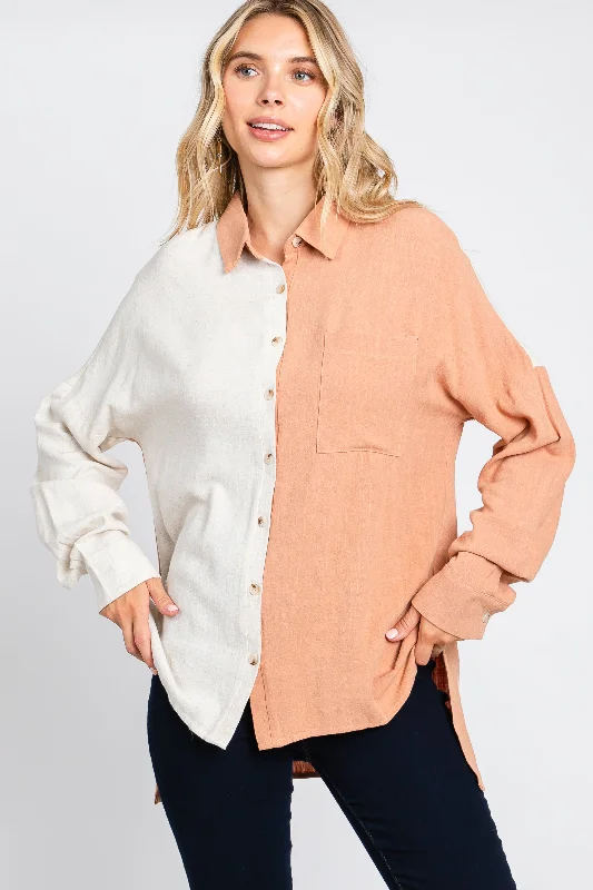 Rust Color Block Button Up Linen Top