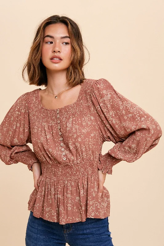 Rust Smocked Button Front Peasant Top