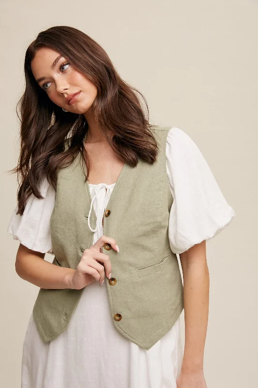 Sage Fitted Linen Vest With Pockets