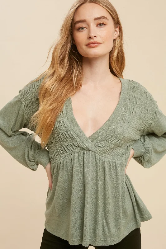 Sage Long Sleeve V Neck Babydoll Blouse