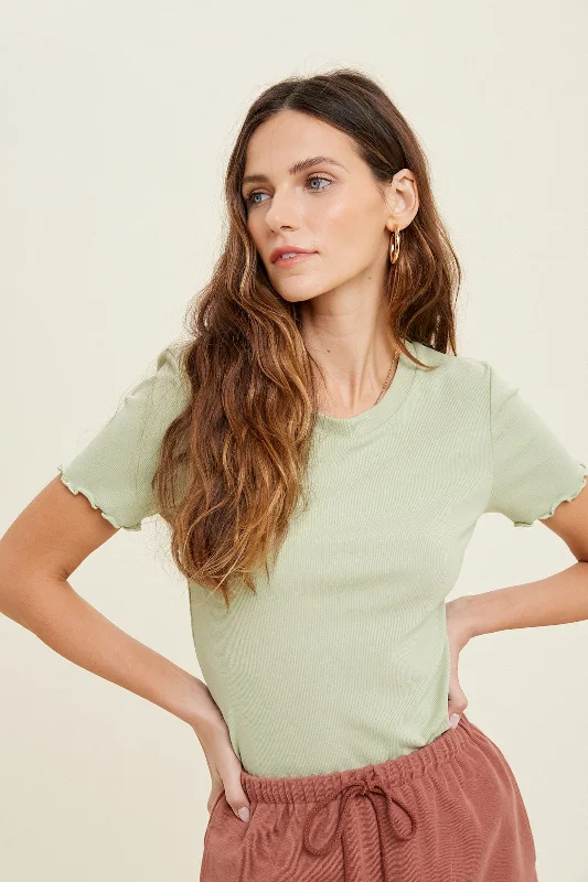 Sage Ribbed Fitted Lettuce Trim Top