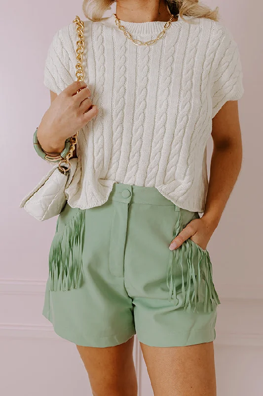 The Queenie High Waist Fringe Shorts in Sea Glass