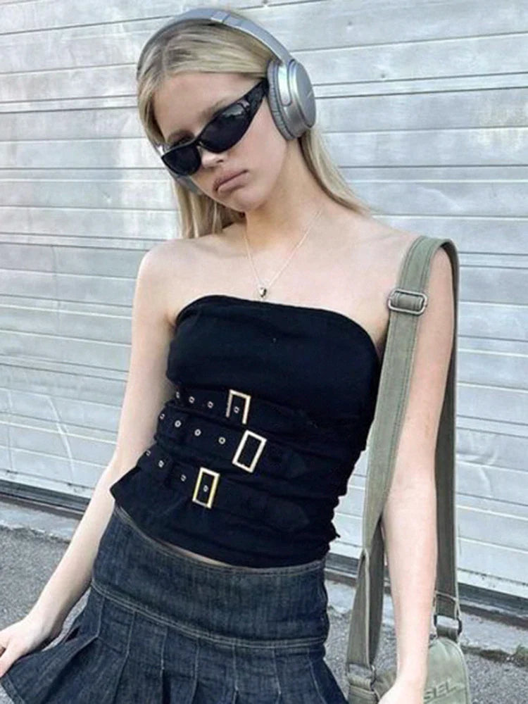 Y2K Retro Grunge Buckle Gothic Streetwear Bandage Punk Crop Black Corset Top