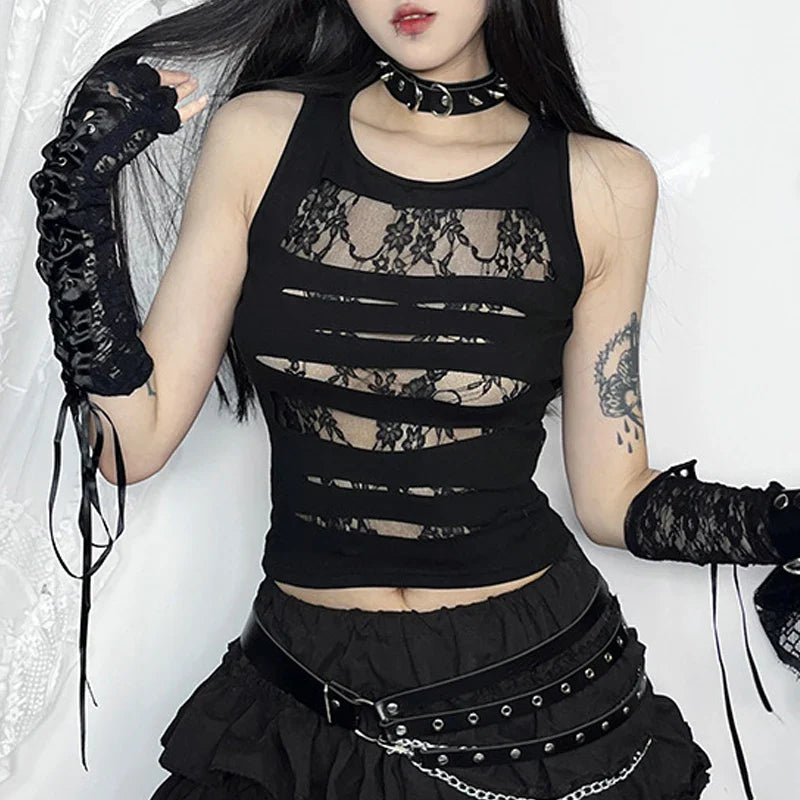 Dark Splice Punk Lace Gothic Mall Sexy Cut Techwear Out Grunge Crop Bodycon Top