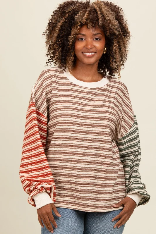 Brown Striped Colorblock Bubble Sleeve Top