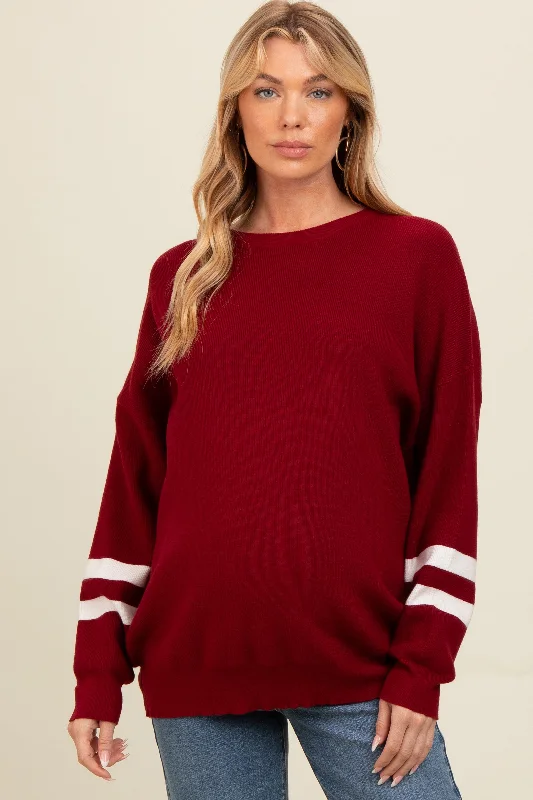 Burgundy Striped Sleeve Relaxed Fit Maternity Sweater