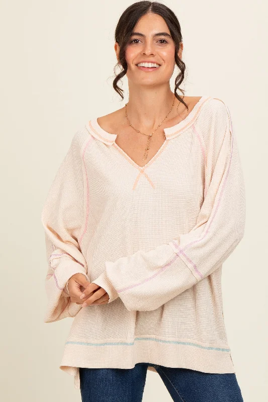 Cream Split Neck Oversized Long Sleeve Top