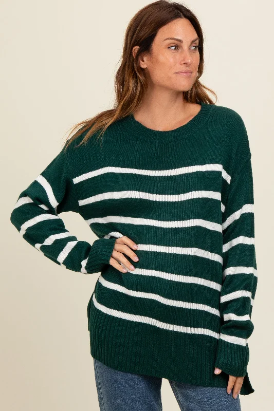 Forest Green Striped Side Slit Sweater