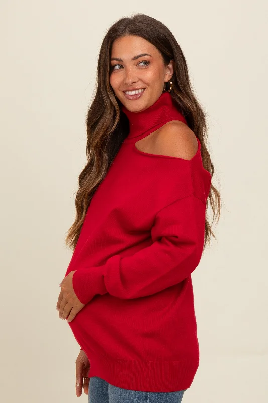 Red Cold Shoulder Turtle Neck Maternity Sweater