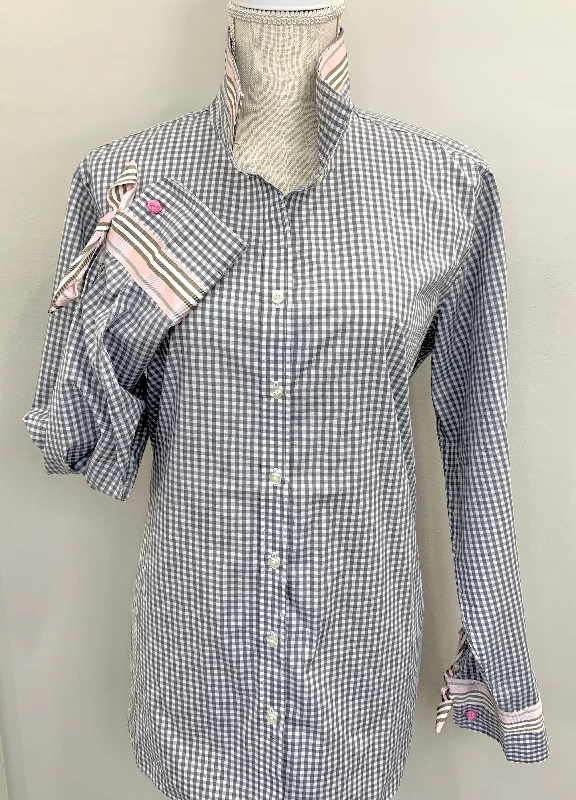 SALE - XL ONLY - Audrey Grey Gingham Ribbon French Cuff Shirt  (RFC22) *FINAL SALE*