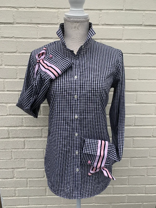 SALE - XS & 2XL ONLY - Audrey Black Gingham Ribbon French Cuff Shirt  (RFC11) *FINAL SALE*