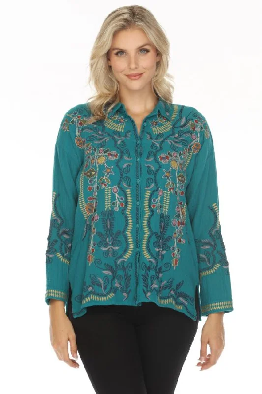 Johnny Was Biya Green Merrick Embroidered Blouse B12423BE Boho Chic