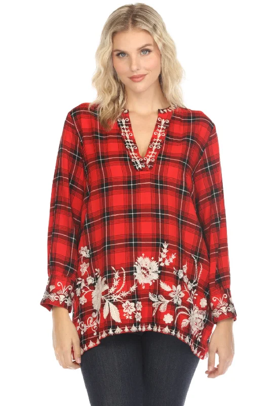 Johnny Was Workshop Red Plaid Annalina Henley Voyager Tunic Top W21324