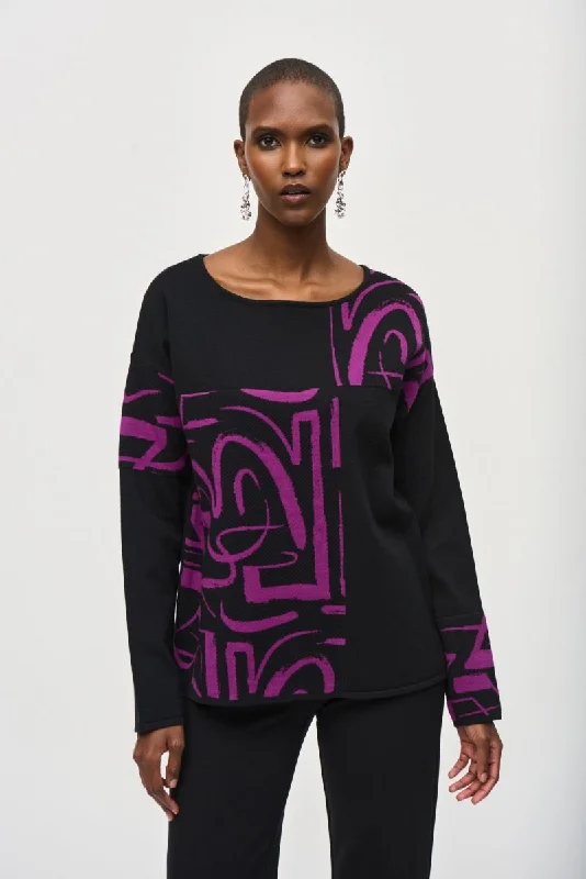 Joseph Ribkoff Black/Empress Abstract Print Boat Neck Knit Top 243971