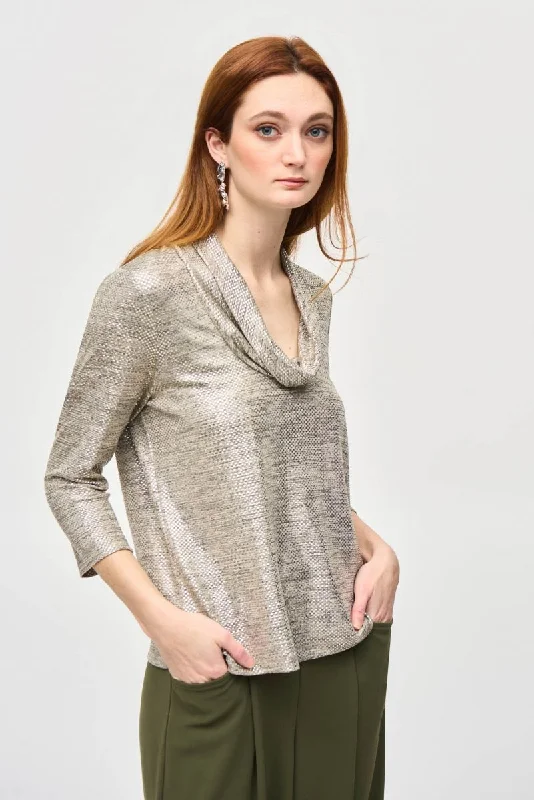 Joseph Ribkoff Foiled Knit Cowl Neck 3/4 Sleeve Top 243167