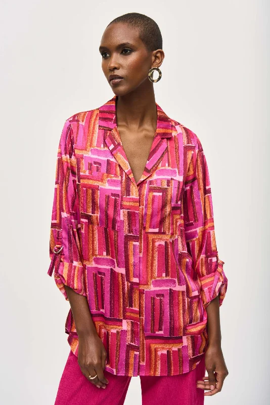 Joseph Ribkoff Pink/Multi Geometric Roll-Tab Button-Down Blouse 243939