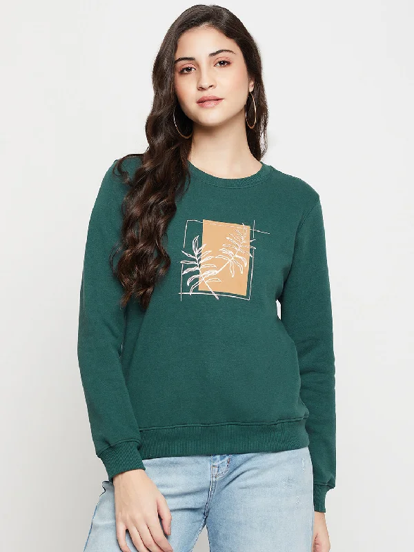 Women's Casual  Bottle Green Regular Full Sleeve Pullover Sweatshirt