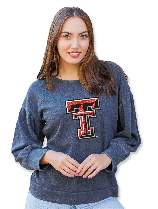 Texas Tech "Brooklyn" Sequin Double T Puff Sleeve Fleece Crew